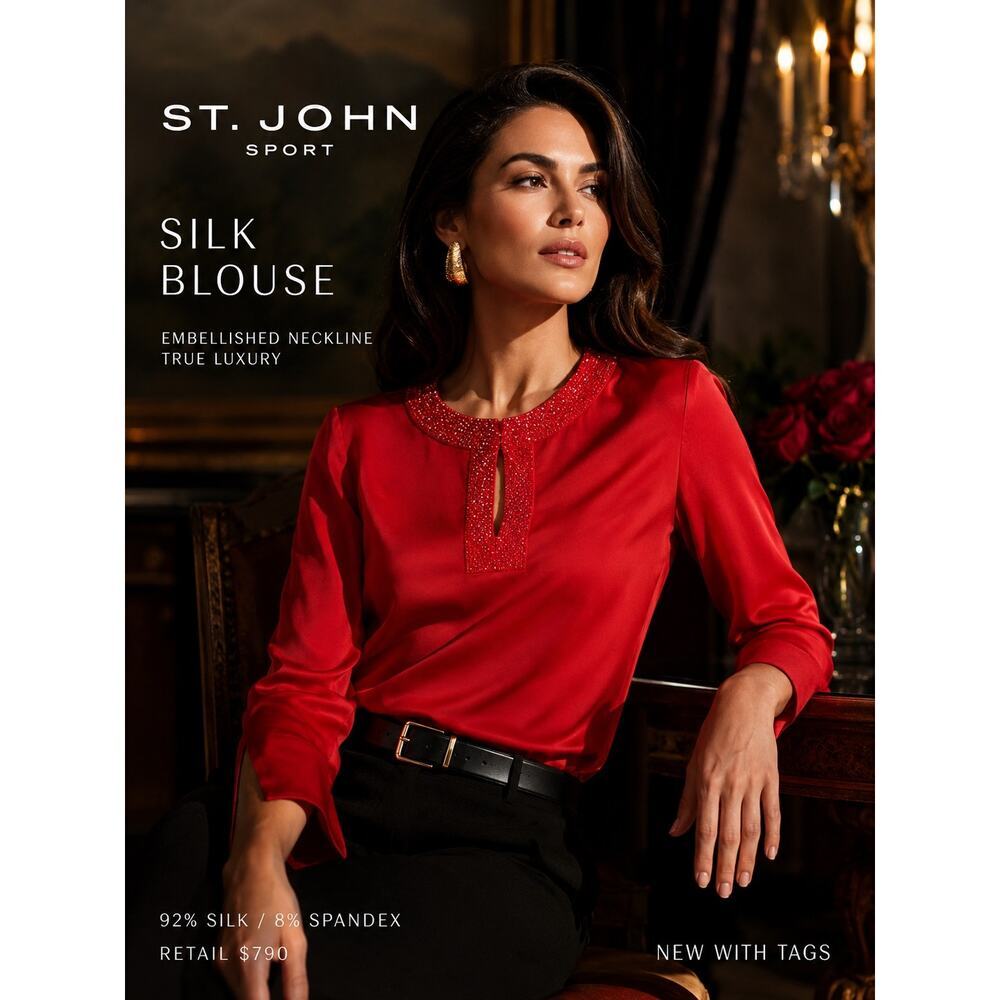 St John Sport Silk Blouse NWT Red Embellished Neck Size 6 Luxury Designer $790